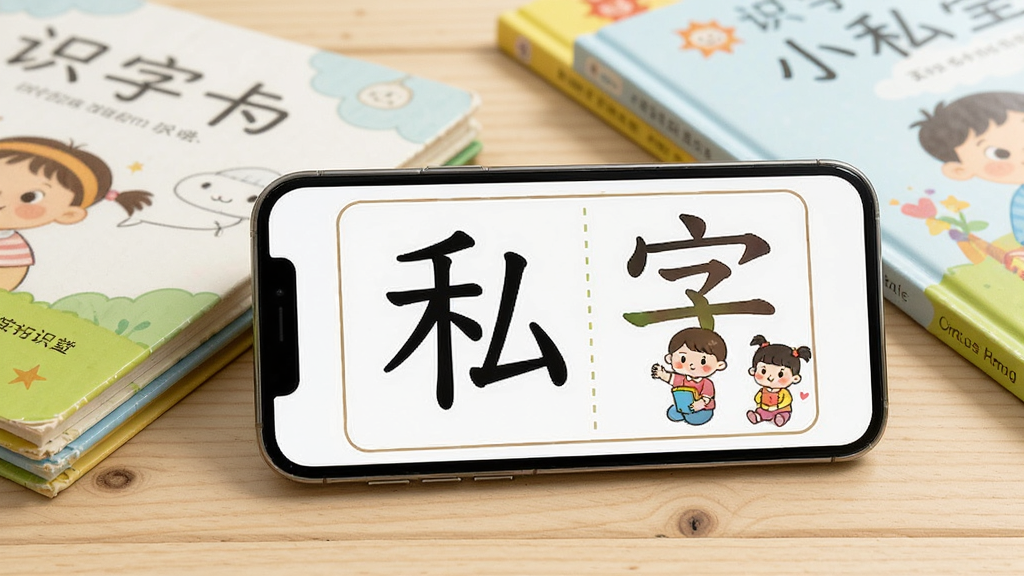 һ��չʾ����С˽��ʶ�ֿ�Ƭ���ܵĻ��棬������һ���ֻ�����չʾ����Ļ����һ�ź��ֿ�Ƭ����Ƭ���д��ֺŵĺ��ֺͶ�Ӧ�Ŀ�ͨ�廭���ֻ��Ա߷��ż�����ͯʶ�ֻ汾��������ǳɫľ�����棬�����ܰ�ɰ��������������ɾ����࣬�޶���Ԫ��