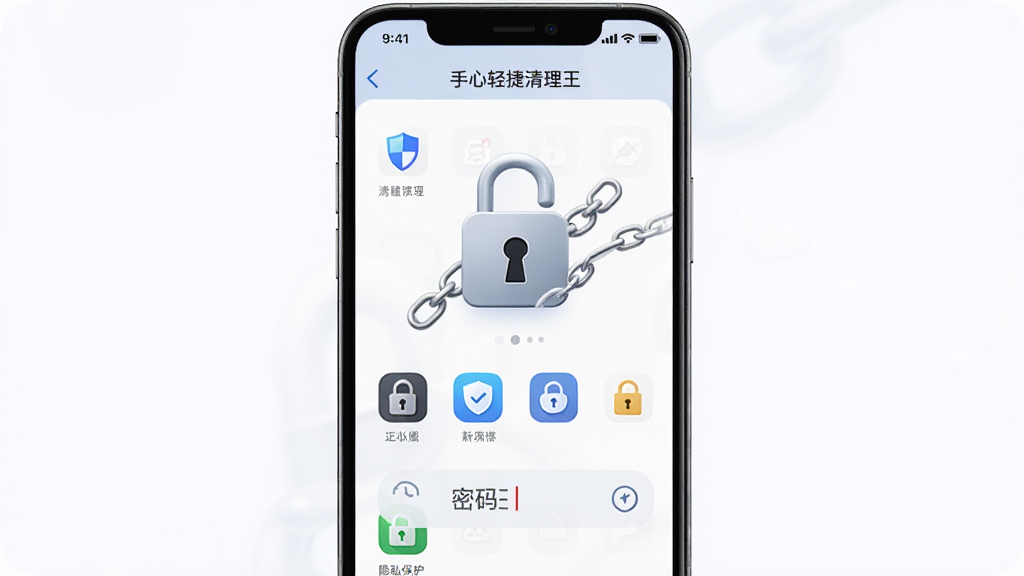 一部手机展示“手心轻捷清理王”的应用锁设置界面,主体是手机屏幕上的锁形图标和应用列表,布局为手机居中,屏幕中显示已加锁的应用图标;排版上锁形图标醒目,下方有密码输入框;风格为安全简约风,细节包括锁链元素、盾牌图标、隐私保护标识;画质高清、干净、无多余元素。