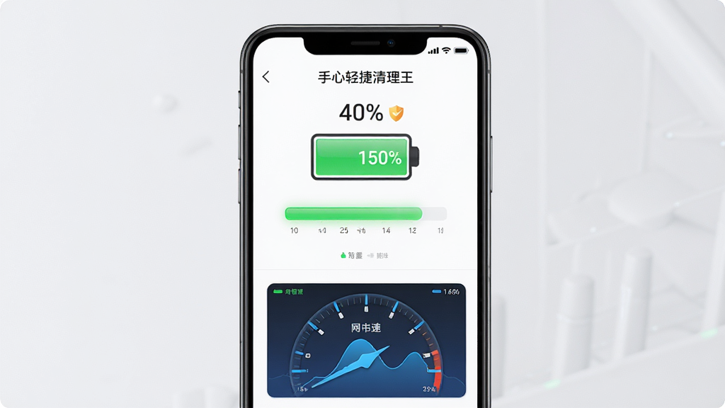 一部手机展示“手心轻捷清理王”的电量管理与网络测速界面,主体是手机屏幕上的电池图标和网速仪表盘,布局为手机居中,屏幕分为上下两部分;排版上电池图标显示百分比,下方网速数字跳动;风格为清新实用风,细节包括绿色电量条、蓝色网速波形图;画质高清、干净、无多余元素。