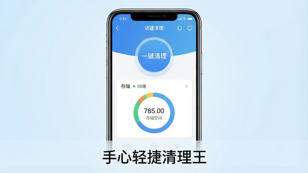 一张展示“手心轻捷清理王”手机应用主界面的预览图,主体是一部现代智能手机,屏幕上显示着清理软件的仪表盘界面,有醒目的“一键清理”圆形按钮和存储空间占比环形图;布局为手机居中放置,背景是干净的浅蓝色渐变;排版上手机屏幕内容清晰可见,下方有“手心轻捷清理王”文字标识;风格为科技简约风,细节包括手机边缘反光、界面图标精致、数字显示清晰;画质要求高清、干净、无多余元素。