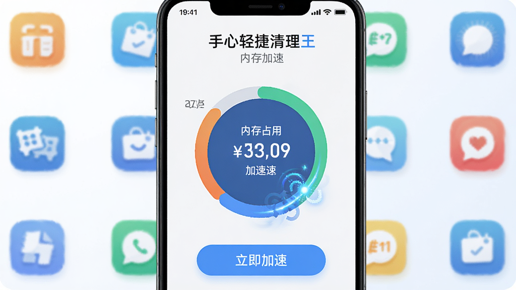 一部手机展示“手心轻捷清理王”的内存加速界面,主体是手机屏幕上的内存占用圆环图和加速按钮,布局为手机居中,周围环绕着代表后台应用的图标;排版上圆环图占据视觉中心,下方有“立即加速”按钮;风格为清爽科技风,细节包括内存数字动态变化、加速动画效果;画质高清、干净、无多余元素。