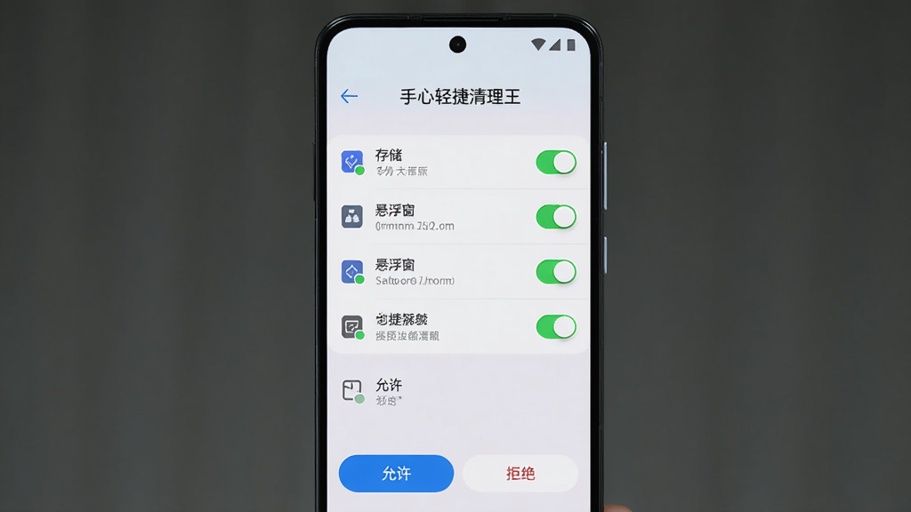一部手机展示“手心轻捷清理王”的权限设置界面,主体是手机屏幕上的权限开关列表,布局为手机居中,屏幕中显示存储、悬浮窗等权限选项;排版上开关按钮清晰,下方有“允许”和“拒绝”按钮;风格为系统设置风,细节包括权限图标、文字说明、高亮提示;画质高清、干净、无多余元素。