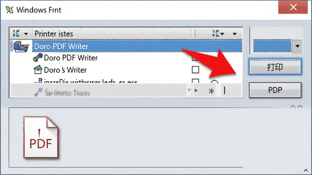 һ��������������Ľ�ͼ���ʾ��ͼ������չʾWindows��ӡ�Ի��򣬴�ӡ���б��С�Doro PDF Writer������ɫ����ѡ�У��Ա��к�ɫ��ͷָ�򡰴�ӡ����ť���·�չʾ���ɵ�PDF�ļ�ͼ�꣬������Ϊ��������дʵ�磬ɫ��ƫ��ң�ϸ�ڰ�����ť��Ӱ���б����֣�����������������Ԫ��