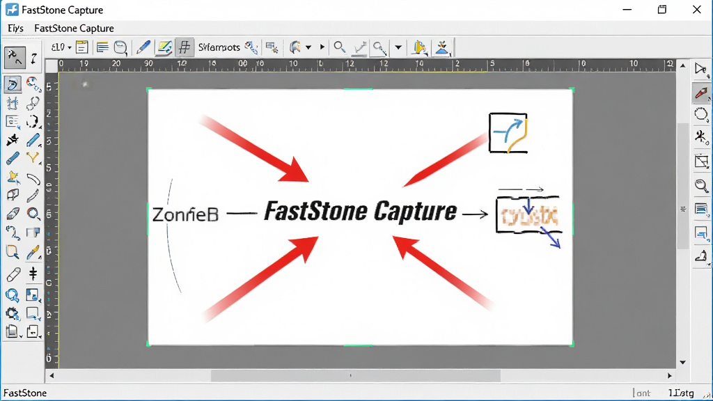 �������� FastStone Capture �Ĺ���չʾ������������һ��ͼ��༭���棬����������һ�Ŵ��к�ɫ��ͷ�����ֱ�ע�Ľ�ͼ�����ܻ����Ż�ͼ�����������ֲ������������ͼ����Ű����ࡣ���Ϊ�ִ�����UI���ϸ�ڰ����������Ͼ�ϸ��ͼ�ꡢ��ͼ�������ı�ע���������ʸ��壬����ɾ����޶���Ԫ�ء�