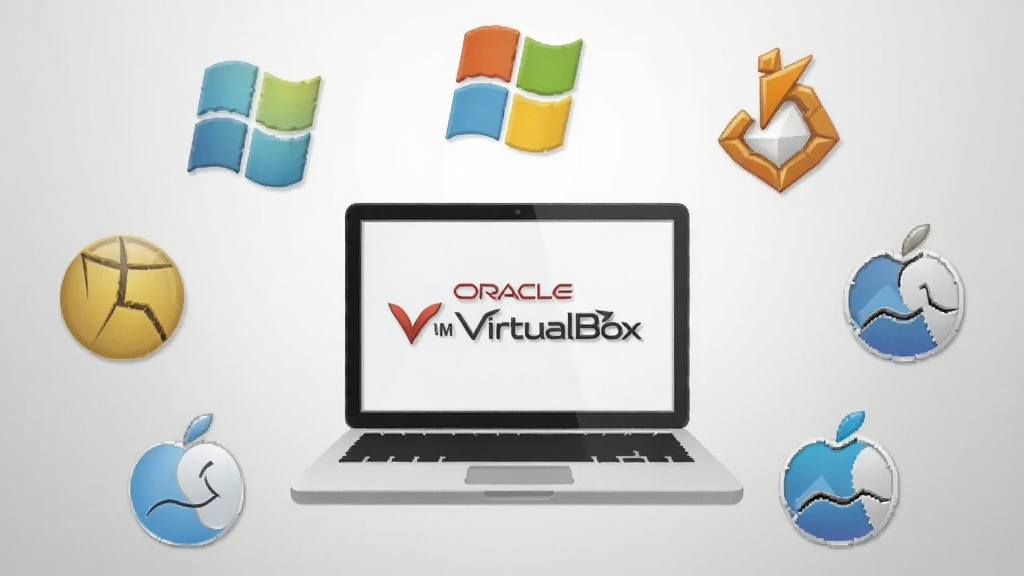 һ��չʾ Oracle VM VirtualBox ��ƽ̨�����Եĸ���ͼ������������һ̨�ʼǱ����ԣ���Χ�����Ŷ������ϵͳ��־���� Windows��Linux��macOS ��ͼ�꣬���ֳʷ���״���Ű�Գƣ�������ƽ����ϸ����ͼ�������΢����У�����Ϊǳ��ɫ���䣬�����������ɾ����޶���Ԫ��