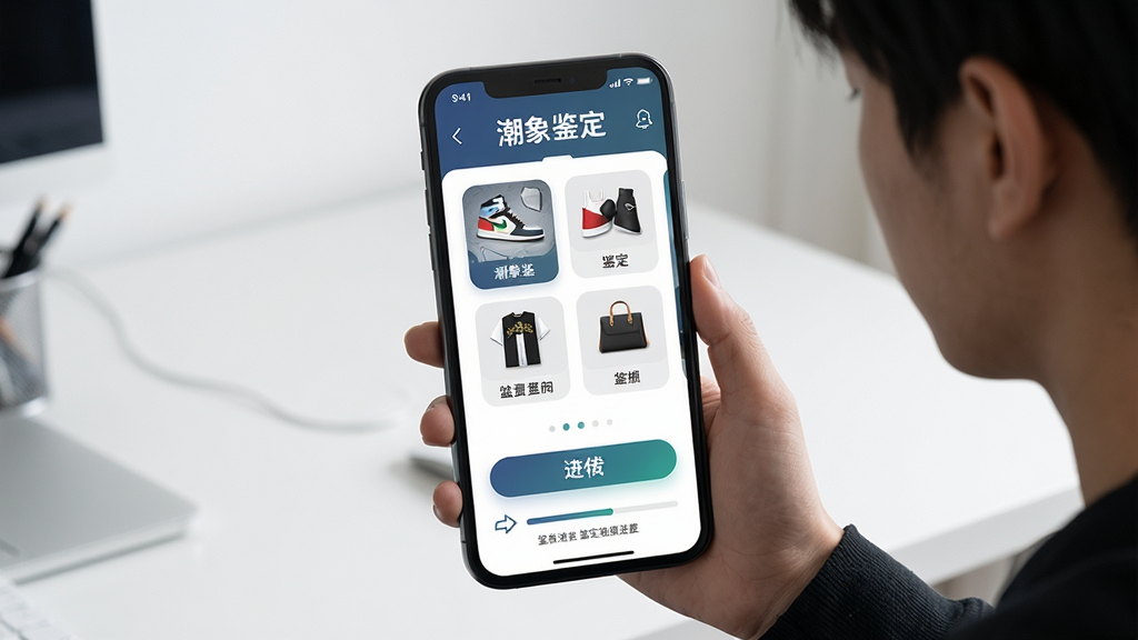 手机屏幕中央显示“潮象鉴定”软件主界面,界面中有球鞋、潮牌服饰、箱包等鉴定分类图标,一位年轻用户手持手机正在上传商品照片,背景是简洁的室内桌面环境,布局为竖版手机海报构图,风格为现代科技感与潮流感结合,细节包括清晰的图标文字“潮象鉴定”、上传按钮、鉴定进度条,画质高清,干净,无多余元素