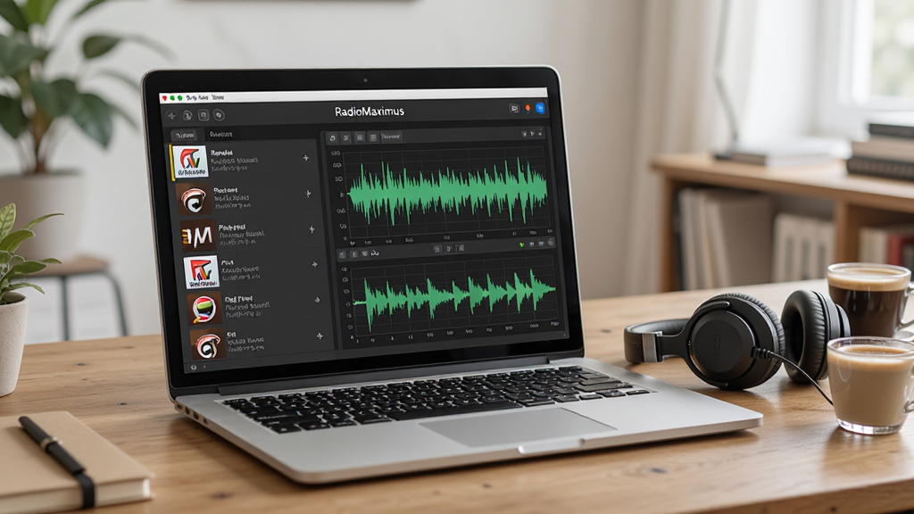 һ̨��ɫ�ʼǱ����Է�����ľ�������ϣ���Ļ��ʾ RadioMaximus �������棬�������е�̨�б���¼������ͼ���Ա߷���һ����ɫͷ��ʽ������һ�����ȣ��������������鷿������������Ϊдʵ��Ӱ������ɾ����࣬���������Ȼ�����廭�ʣ��޶�������Ԫ��