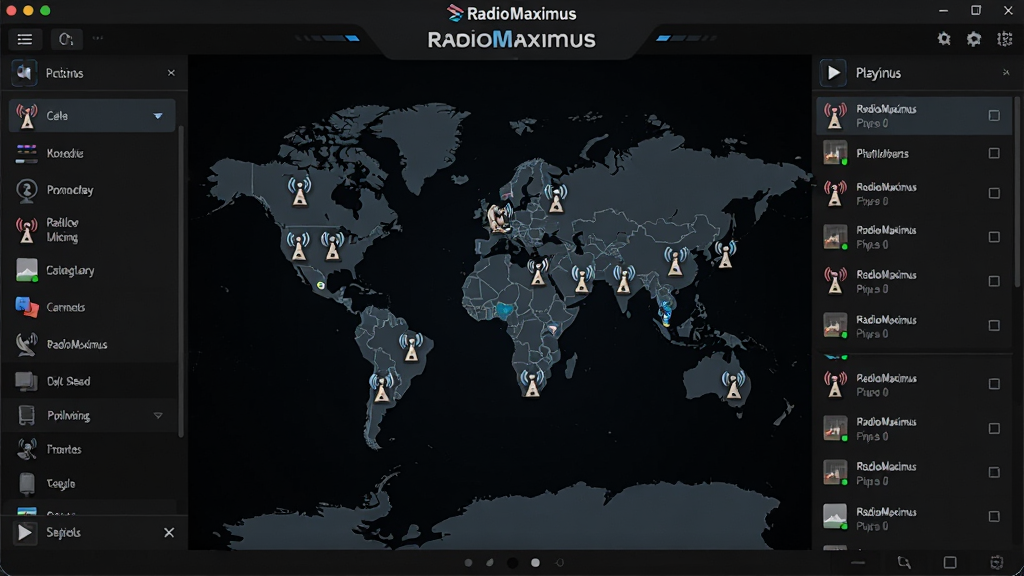 RadioMaximus ����������д����Ļ������ʾ�����ͼ�Ͷ����̨ͼ��ֲ��ڲ�ͬ����λ�ã����Ϊ��̨����ɸѡ�����Ҳ�Ϊ�����б������������ɫ����UI��ƣ��Ƽ���ʮ�㣬���������������޶���Ԫ��