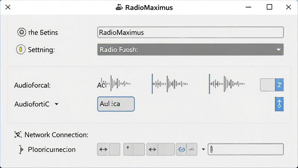 RadioMaximus ���������������ͼ����ʾ¼��·�����á���Ƶ��ʽѡ�����������ѡ�����Ϊǳɫ���⣬���ּ�࣬��ť��������������룬���廭�ʣ��ɾ��޶���Ԫ��
