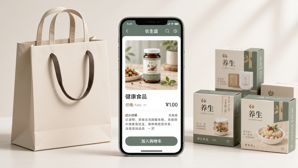 �������桱Ӧ�õ���Ʒ����ҳ���棬����չʾһ���ֻ���Ļ����Ļ��Ϊ����ʳƷ��Ʒ���飬������ƷͼƬ�����ơ��۸񡢳ɷ�˵���롰���빺�ﳵ����ť���ֻ��Է���һ����Լ�Ĺ�����ͼ��а�װ������������Ʒ����ͼ���У����ɾ�����ɫ����ͣ�ϸ�ڷḻ�����������������ұ�����