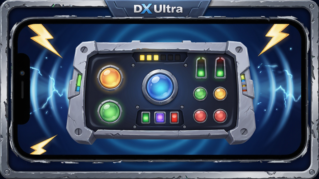 һ��չʾDX Ultra�����������ͼƬ�������������ֻ���Ļ����Ļ�ڳ��ָ��ſƼ����ı�����������壬������ж�����ⰴť��ָʾ�ƣ�����Ϊ����ɫ���䣬���ܻ�������ϵ�������װ��Ԫ�أ������硢�������ƺͽ����ʸб߿򣬷��Ϊ���ֲ廭��ϸ�����������ʸɾ����޶���Ԫ�أ��ֱ��ʸߡ�