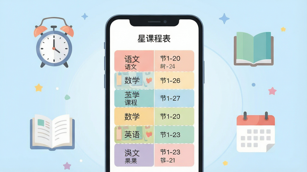 һ��չʾ�ǿγ̱���������ֻ�Ӧ�ý�ͼ���廭������������һ�����������ֻ�����Ļ����ʾ��ɫ����͵Ŀγ̱��񣬱����ڱ�ע�����ġ���ѧ��Ӣ��ȿγ��������Ӧ�ڴΣ��ֻ���Χ����������ͼ�ꡢ�鱾ͼ�������ͼ�꣬����Ϊǳ��ɫ���䣬���岼�ּ�����죬���Ϊ��ƽ��UI��ƣ�ϸ���Ͽγ̱���������������ɫ�������������ʸ��壬�ɾ��޶���Ԫ��
