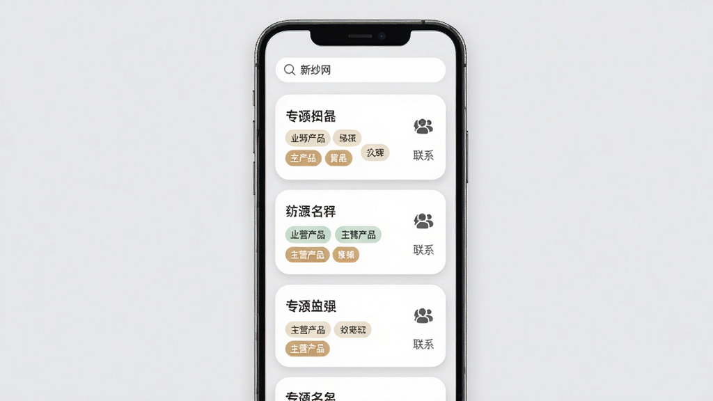 ��֯��ҵ��ҳ�б����棬����Ϊ�����ֻ���Ļ����ʾ��ҵ��Ƭ�б���ÿ�ſ�Ƭ������ҵ���ơ���Ӫ��Ʒ��ǩ����ϵͼ�ꣻ����Ϊ�ֻ����У�����Ϊǳ��ɫ�����Ϊ���ż���ϸ���Ͽ�ƬԲ����ͣ�������������ע