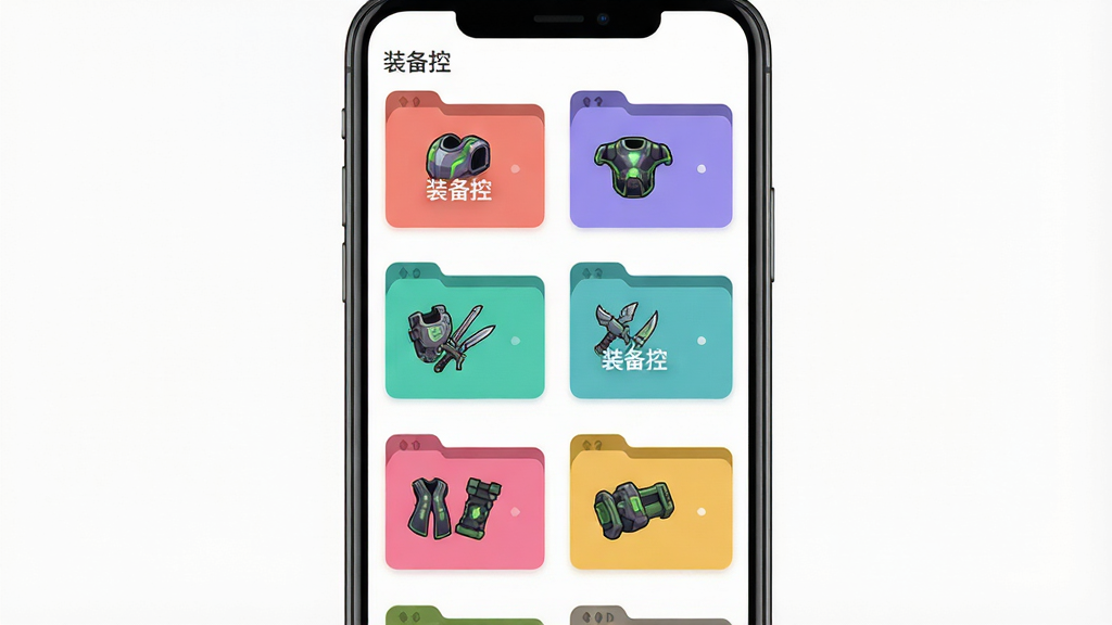 一张装备控应用内装备分类管理界面的AI生图,画面展示手机屏幕中多个彩色分类文件夹排列整齐,每个文件夹标注不同类型装备图标,背景为白色简洁风格,布局清晰,画质干净,文字内容为“装备控”