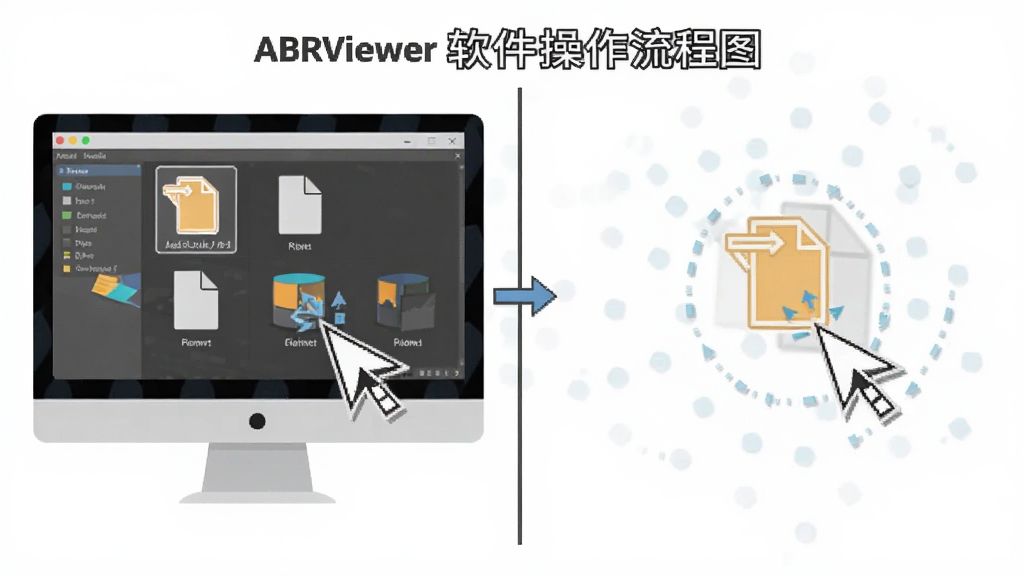 ABRViewer������������ͼ�������ǵ�����Ļ��ʾ����������ļ���ק����������Ϊ���ҷ���չʾ�������裬����Ǳ�ƽ����Ϣͼ���ϸ�ڰ������ָ�롢�ļ�ͼ��ͼ�ͷָʾ�������������ɾ����޶���Ԫ��