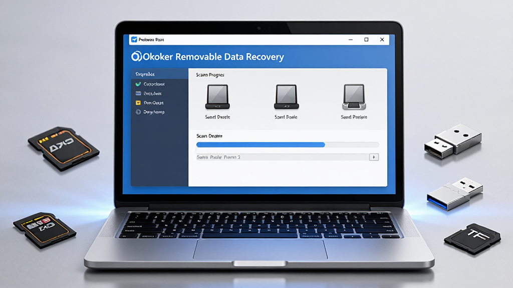 ������һ̨�򿪵ıʼǱ����ԣ���Ļ����ʾ�š�Okoker Removable Data Recovery���������棬�������г�������ƶ��洢�豸ͼ����ɨ�������������Ϊ���й�ͼ��������Χɢ����SD����U�̺�TF�����Ű������������Ϊ�ִ��Ƽ���дʵ�磻ϸ�ڰ����豸�������㷴�⡢��Ļ΢��Ͷ���������ϡ�������������ɫ����������4K���ɾ����޶���Ԫ��