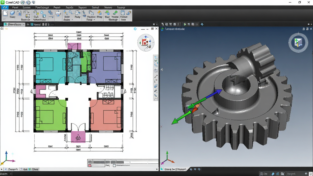 CorelCAD����������չʾ��άƽ��ͼ����άʵ��ģ��ͬ���Աȵĳ���������Ϊ����ά����ƽ��ͼ���Ҳ���ά����ʵ��ģ�ͣ�����Ϊ���ҷ��������Ϊרҵ�������дʵ�磬ϸ�ڰ����ߴ��ע��ͼ��ɫ������ά�����ᣬ����Ϊ������Ⱦ���ɾ��������޶���Ԫ��
