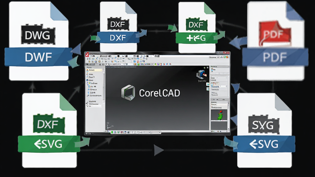 CorelCAD������չʾ���ʽ�ļ�ͼ�껷��������ĳ���������ΪCorelCAD����������Χ���Ƶ�DWG��DXF��PDF��SVG�ļ�ͼ�꣬����Ϊ����״��ͼ�����Ϊ��ƽ���Ƽ��磬ϸ�ڰ����ļ���ʽ��ʶ�봫���ͷ������Ϊ����ʸ���ʸУ��ɾ����࣬�޶���Ԫ��