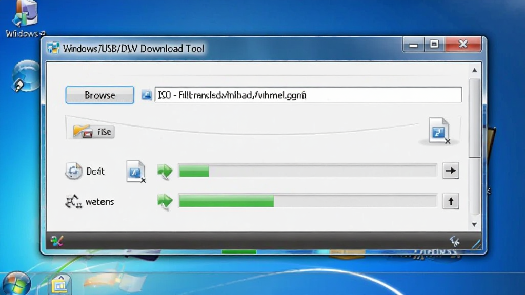 һ�ź����������չʾͼ������������ Windows7 USB/DVD Download Tool �������ڣ����ڱ�����������ʾ�������ƣ��·��С�Browse����ť�� ISO �ļ�·������򣬱����Ǽ��� Windows 7 ������棬����ɫ��Ϊǳ�����ɫ�����Ϊдʵ������ͼ��ϸ�ڰ�����ť��Ӱ���ļ�ͼ�ꡢ���������򣬻����������ɾ����޶���Ԫ�ء�