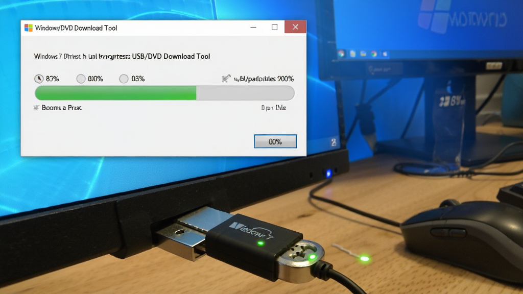 һ��չʾ������Ļ�� Windows7 USB/DVD Download Tool ����д��������Ľ�ͼ���ͼƬ�������·��� U �̲�����Եľֲ���д���������鷿���滷�������дʵ��ϸ�ڰ����������ٷֱȡ�U ��ָʾ����˸�������ϵ����ͼ��̱�Ե�������������ɾ����޶���Ԫ�ء�