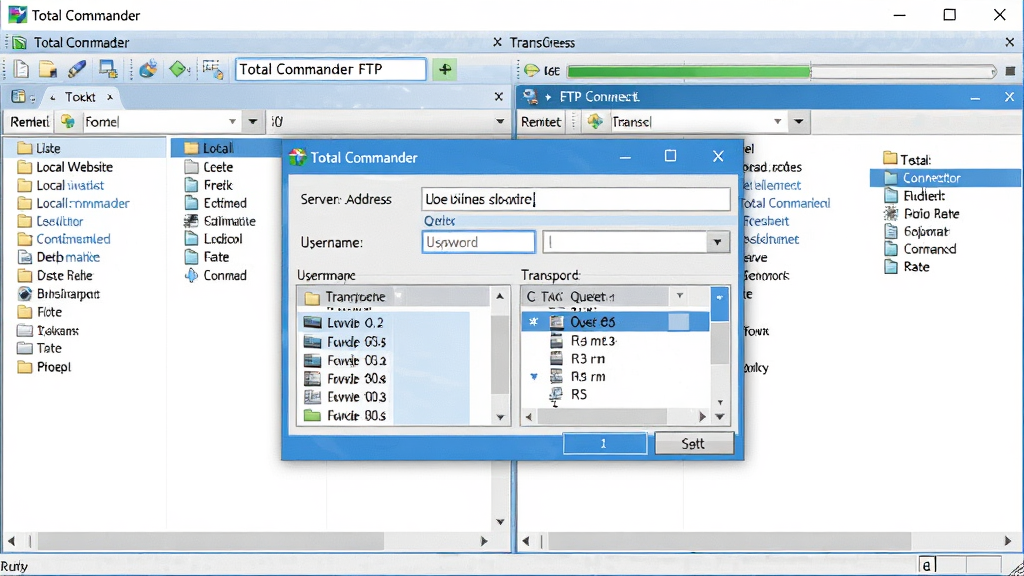һ��չʾTotal Commander FTP���ӹ��ܵ�ͼƬ���������������������д�FTP���ӶԻ�����ര����ʾ������վ��Ŀ�ļ��У��Ҳര����ʾԶ�̷�����Ŀ¼������������״̬�ʹ��������������Ϊ˫���ڼӵ����Ի��򣬷��Ϊ�Ƽ�������ɫ��ϸ�ڰ�����������ַ�����û�����������򡢴�������б������ʸ��壬����ɾ����޶���Ԫ�أ���������������λ��д