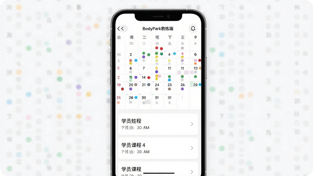 ��������Ϊ�ֻ������ſν��棬���ֲ��þ���չʾ���Ű��Ϸ�Ϊ����ͼ�����·�Ϊ�γ̿�Ƭ�б������Ϊ�ִ��칫Ч����App��ͼ�磬ϸ�ڰ��������ϱ�ע��ɫ�γ�Բ�㡢�γ̿�Ƭ��ʾѧԱ������ʱ��Ρ�������