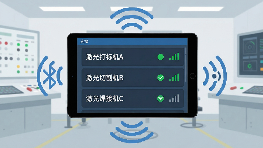 �����������豸���ӹ������棬��������չʾһ��ƽ����ԣ���Ļ�ϳ����豸�б����б��а������������A���������и��B�������⺸�ӻ�C������Ŀ��ÿ����Ŀ�Ҳ�������״ָ̬ʾ�ƺ��ź�ǿ��ͼ�꣬ƽ����Χ������������WiFi���ȵ����������źŲ��ƣ�����Ϊ���Ĺ�ҵ�����ң��Ű���þ��й�ͼ�����Ϊ��ƽ���Ƽ��廭��ϸ�ڰ�����Ļ�ϵ����ı�ǩ����ɫ���ӳɹ���ʶ�������������ɾ��������޶���Ԫ��