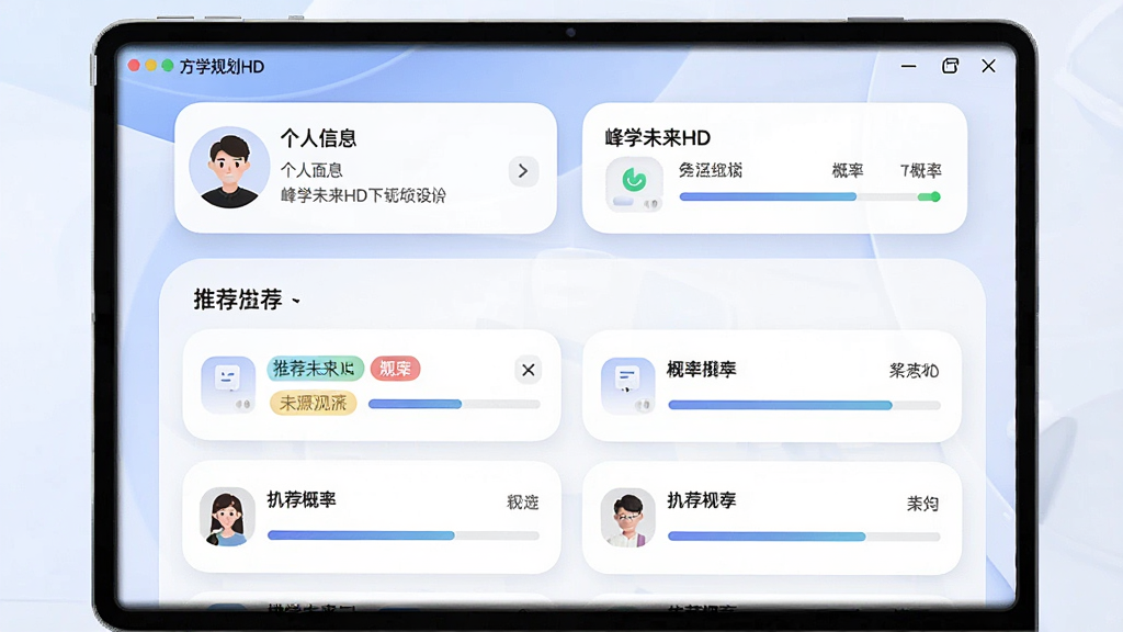 һ�Ÿ��Ի��滮����ͼ������չʾ����ѧδ��HD�������еķ�������ҳ�棬����Ϊ�Ϸ�������Ϣ��Ƭ���·��Ƽ��б����Ű��η��������Ϊ���Բ�ǿ�Ƭʽ��ƣ�ϸ�ڰ����Ƽ���ǩ�����ָʾ�������ʸ��壬����ɾ����޶���Ԫ��