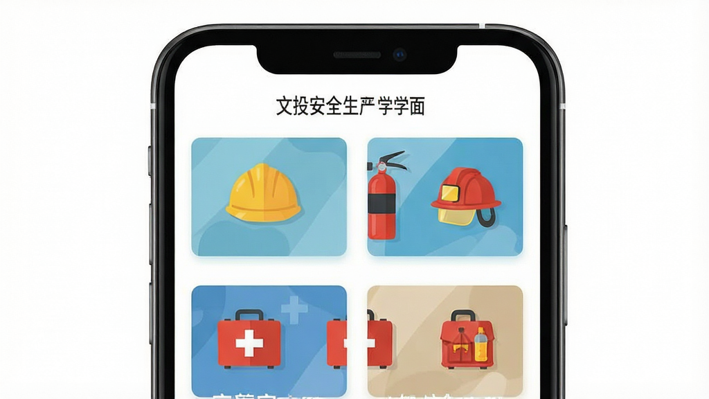 ��Ͷ��ȫ�����γ�ѧϰ���棬�������ֻ���ĻΪ���壬��Ļ��չʾ�����ȫ�γ̷��濨Ƭ����Ƭ���а�ȫñ����������������ͼ�꣬����Ϊ�ɾ��İ�ɫ���Ű����룬����ƽ���廭��ϸ�����������ʸɾ����޶���Ԫ��