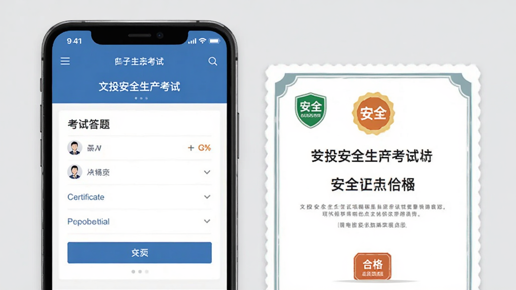 ��Ͷ��ȫ����������֤����棬����չʾ�ֻ���Ļ����ʾ���Դ���ҳ���һ�ŵ���֤�飬֤�����а�ȫ��־�ͺϸ�����������Ϊǳ��ɫ���Ű��࣬��������ƽ��ϸ�����������ʸɾ����޶���Ԫ��