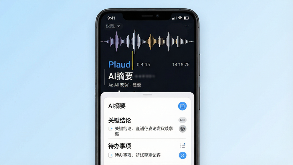 һ��չʾPlaud App AIתд��ժҪ������ֻ���ͼ���ͼ������������һ��������׿�ֻ�����Ļ�ϰ벿����ʾ�������κ�תд���֣��°벿����ʾ��AIժҪ����Ƭ����Ƭ���С��ؼ����ۡ��������������Ŀ������Ϊǳ��ɫ���䣬������Ϊ��������UIչʾ�磬ϸ�ڰ���ʱ�����˵���˱�ǩ��ժҪͼ�꣬���ʸ��壬�ɾ��޶���Ԫ�أ�����������Ϊ��Plaud���͡�AIժҪ��