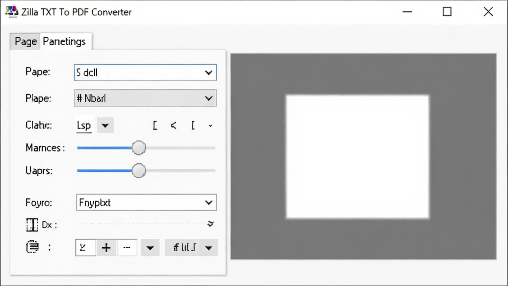 һ��չʾ Zilla TXT To PDF Converter ҳ����������ͼƬ������Ϊ�����е�ҳ�����öԻ��򣬲���Ϊ������ѡ����Ҳ�ʵʱԤ�����ڣ��Ű����������Ϊ��׼�� Windows �Ի�����ϸ�ڰ���ֽ�ųߴ������˵����߾���ڻ��������ѡ��������������������ɾ����޶���Ԫ�ء�