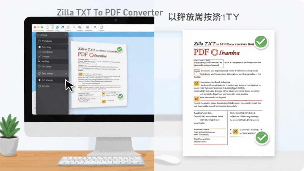 һ��չʾ Zilla TXT To PDF Converter ʹ�ü��ɵ�ʾ��ͼ������Ϊ������Ļ����ʾ���������һ���Ű������ PDF �ĵ�������Ϊ���ҶԱȣ��Ű����������Ϊ�ִ��칫�����廭��ϸ�ڰ������ָ��ָ������ѡ����ĵ��ϵĶԹ���ǣ����������������ɾ����޶���Ԫ�ء�