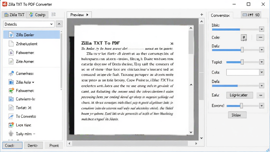 һ��չʾ Zilla TXT To PDF Converter ���������ͼƬ������Ϊ���������ڣ�����Ϊ����ļ��б������м��ı�Ԥ�������Ҳ�ת���������������Ű����룬���Ϊ�ִ���Լ�� Windows ����Ӧ�÷��ϸ�ڰ��������İ�ťͼ��ͽ����������ʸ��壬����ɾ����޶���Ԫ�ء�