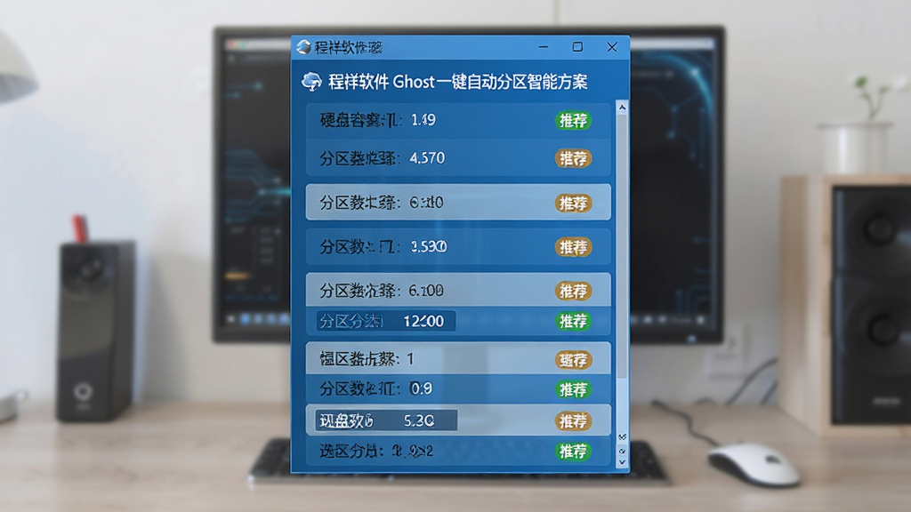 一张展示程祥软件Ghost一键自动分区智能方案选择界面的图片,画面中央是软件窗口,窗口内列出多种硬盘容量对应的分区方案选项,主体为方案选择列表,布局为居中展示软件界面,排版为纵向列表式构图,风格为科技蓝调简约风,细节包括硬盘容量标识、分区数量数字、推荐标签与选中高亮效果,画质清晰干净无多余元素