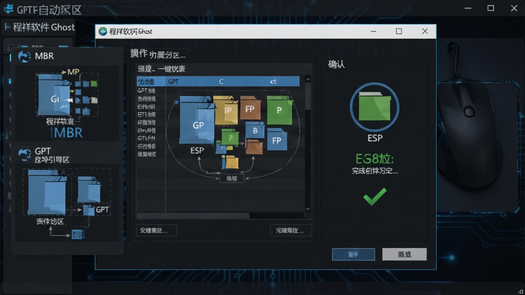 一张展示程祥软件Ghost一键自动分区在UEFI环境下自动创建GPT分区的操作界面图片,画面中央是软件窗口,窗口内显示GPT分区表结构与ESP引导分区创建状态,主体为分区表格式选择与确认界面,布局为居中展示软件窗口,排版为左右分栏构图,风格为深色科技风,细节包括MBR与GPT标识、分区结构示意图与完成状态图标,画质清晰干净无多余元素