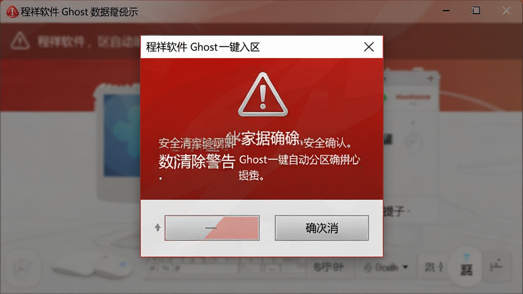 一张展示程祥软件Ghost一键自动分区安全确认提示弹窗的图片,画面中央是软件弹窗,弹窗内显示数据清除警告文字与确认取消按钮,主体为安全提示对话框,布局为居中弹窗展示,排版为方形弹窗构图,风格为警示红色与灰色搭配,细节包括警告图标、提示文字与两个操作按钮,画质清晰干净无多余元素
