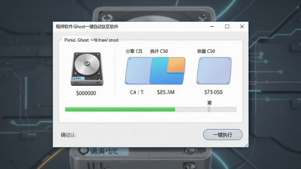 一张展示程祥软件Ghost一键自动分区软件界面的图片,画面中央是软件主窗口,窗口内显示硬盘分区方案选择区域与一键执行按钮,主体为软件操作界面,布局为居中展示软件窗口,排版为横向宽屏构图,风格为科技简约风,细节包括硬盘图标、分区容量数字、进度条与确认按钮,画质清晰干净无多余元素