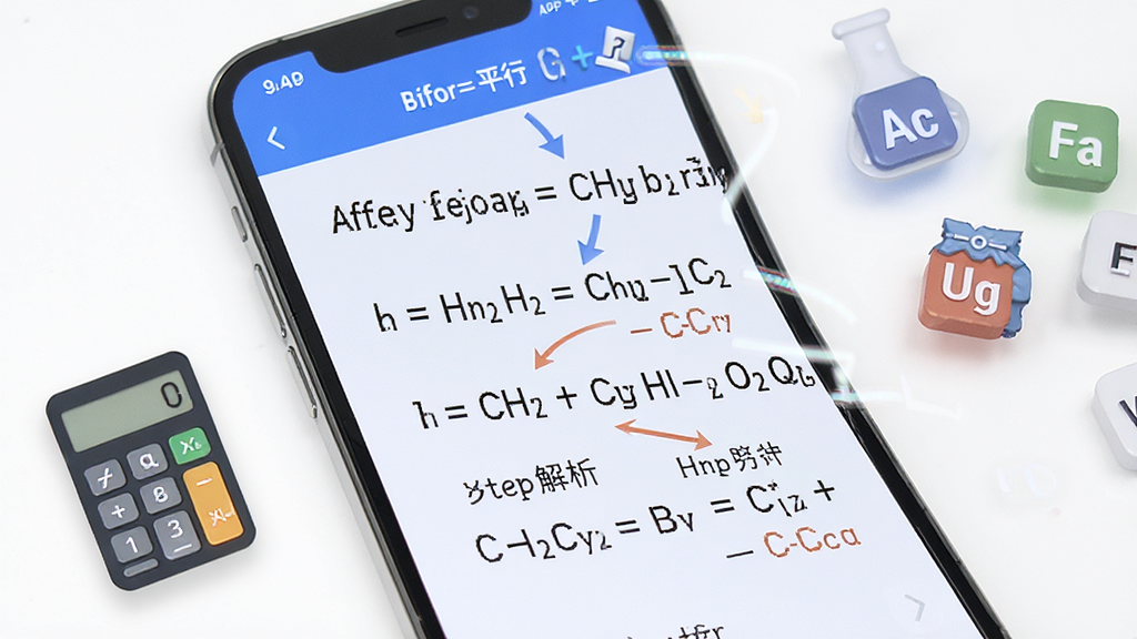 һ��չʾ��ѧ����ʽAPP������ƽ���ܵ�ͼƬ���������ֻ���Ļ��ʾ����ƽǰ��Ļ�ѧ����ʽ�Ͳ���������Ա��м�����ͼ���Ԫ�ط��ţ������ǰ�ɫ�����Ƽ��У�ϸ�ڰ������������ֺͼ�ͷ��ע�����ʸ��壬�ɾ����޶���Ԫ��