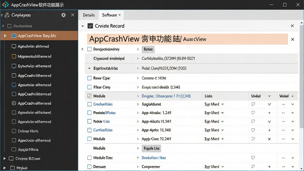 AppCrashView��������չʾͼ������Ϊ����������һ��������¼����ϸ��Ϣչ����ͼ������Ϊ����б��Ҳ����飬��������ʾ����ģ�顢�쳣���롢ģ���б��ȣ��Ű����������Ϊ�Ƽ���������ͼ��ϸ�ڰ����������֡����ݱ����ߣ������������ɾ�������Ԫ��