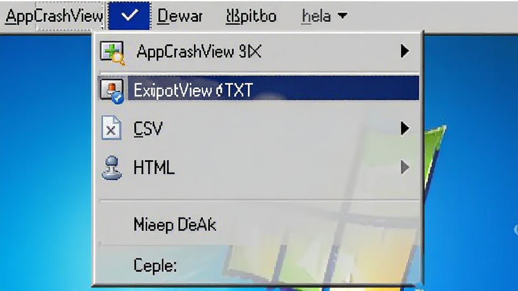 һ��չʾAppCrashView�������ܲ˵���ͼƬ������Ϊ�����ļ��˵������б�������Ϊ�����˵���չ������ʾ����ΪTXT��CSV��HTML��ѡ��Ű��࣬���Ϊ����Windows�������棬ϸ�ڰ����˵��������ͼ�꣬�����������޶��౳��Ԫ��