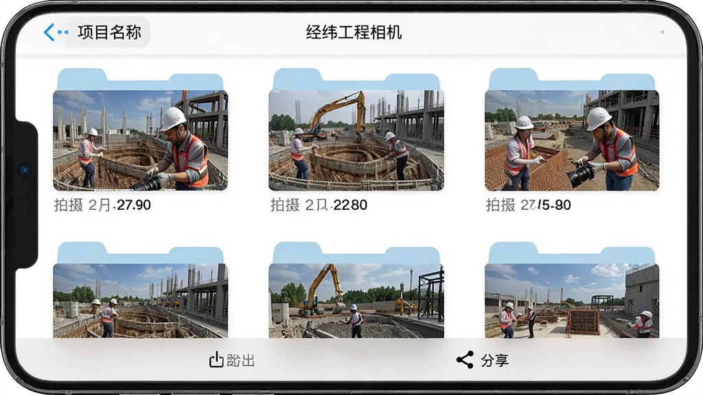 一张展示经纬工程相机相册管理界面的手机截图,画面中按照项目名称分类显示了多个相册文件夹,每个文件夹封面上有工程现场照片缩略图,并标注了拍摄日期和照片数量,界面底部有导出和分享按钮,整体风格整洁有序,画质清晰,突出“经纬工程相机”文字