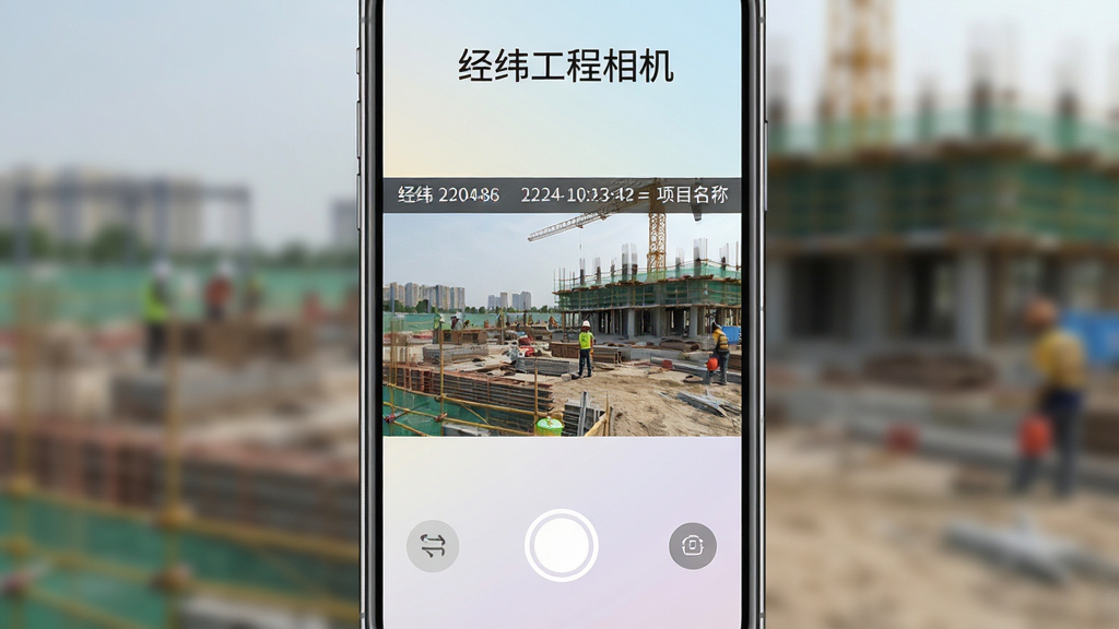 一张展示经纬工程相机应用主界面的手机截图,画面中央是相机取景框,取景框内显示着正在拍摄的建筑工地场景,取景框上方叠加了经纬度坐标、日期时间、项目名称等水印信息条,界面底部有快门按钮和功能切换图标,整体风格简洁专业,画质清晰,干净无多余元素,手机屏幕内容排版工整,背景为浅色渐变,突出软件名称“经纬工程相机”字样