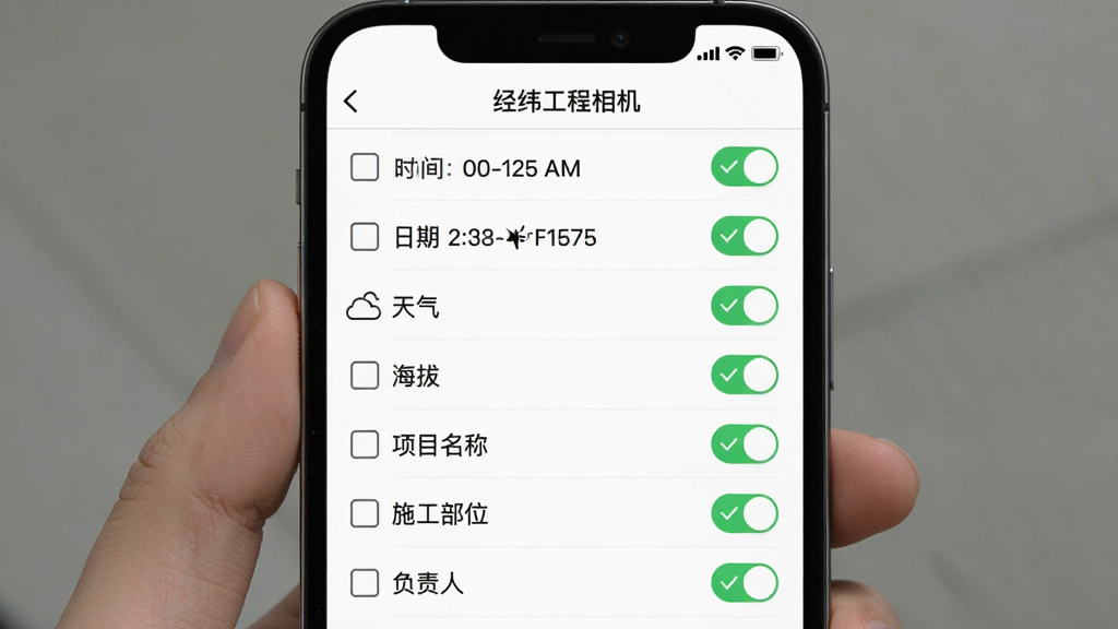 一张展示经纬工程相机水印模板设置界面的手机截图,界面上列出了多个可勾选的信息选项,包括时间、日期、天气、海拔、项目名称、施工部位、负责人等,每个选项旁有开关按钮,部分选项已开启并显示绿色勾选状态,界面布局清晰,风格简约,画质干净,突出“经纬工程相机”应用名称