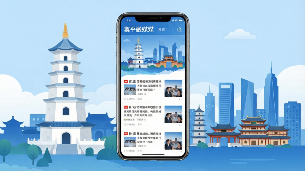 襄平融媒手机应用主界面预览图,画面中央展示一部智能手机,手机屏幕内呈现新闻资讯列表和城市地标建筑插画,背景为辽阳白塔与城市天际线融合的扁平化插画风格,配色以蓝色和白色为主,画面干净整洁,无多余元素,高清画质
