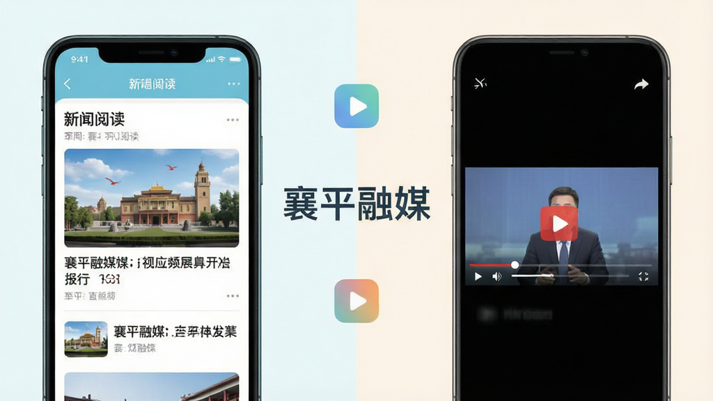 襄平融媒应用功能展示图,画面采用分屏布局,左侧展示新闻阅读界面,右侧展示视频直播播放界面,中间用简洁的图标分隔,整体风格为现代扁平化设计,配色清新淡雅,突出「襄平融媒」应用名称文字,画面干净无杂乱元素,高清画质