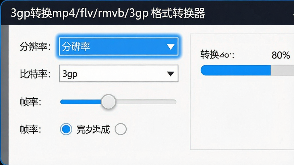 一张特写图,展示“3gp转换mp4/flv/rmvb/3gp格式转换器”的参数设置面板,面板上有分辨率下拉菜单、比特率滑块、帧率选项等控件。画面右侧有转换进度条显示已完成80%。整体风格干净清爽,蓝色高亮选中项,文字清晰可读,高分辨率,无杂乱元素。