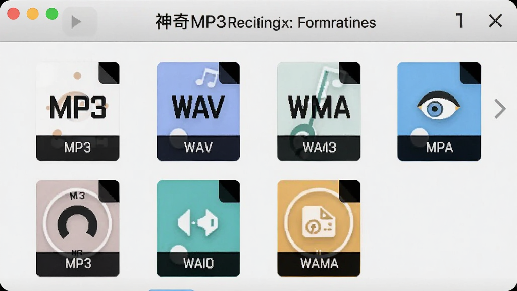 一张展示神奇MP3录音软件格式选择界面的图片,画面中有多种音频格式图标排列,包括MP3、WAV、WMA等,界面风格简洁现代,背景为浅色,细节清晰,画质干净,无多余元素