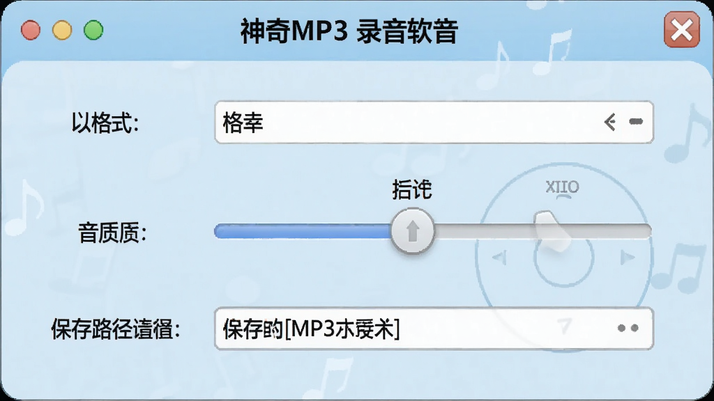 一张展示神奇MP3录音软件录音设置界面的图片,画面中有格式选择、音质调节和保存路径设置选项,界面风格简洁友好,背景为浅蓝色,细节清晰,画质干净,无多余元素