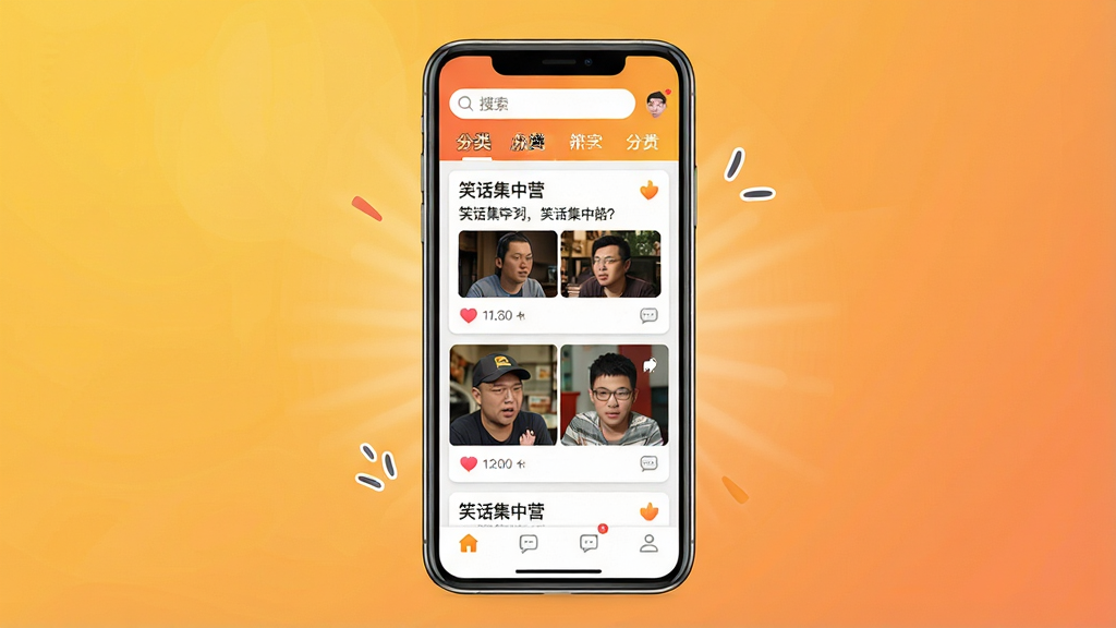 һ��չʾЦ������Ӫ���������ȫ��ͼ�������������ֻ���Ļ����Ļ����ʾЦ������Ӫ����ҳ��������������ͷ����ǩ���м����ٲ���ʽ�ĸ�Ц���ӿ�Ƭ�͸�ЦͼƬ���ײ��е����������ֲ��þ��й�ͼ��������������ůɫ�����䣬������ɻ��ã�ϸ�ڰ�����Ƭ�ϵĵ���ͼ����������ݣ�����������ʾ��Ц������Ӫ�����������ʸ��壬����ɾ����޶���Ԫ�ء�